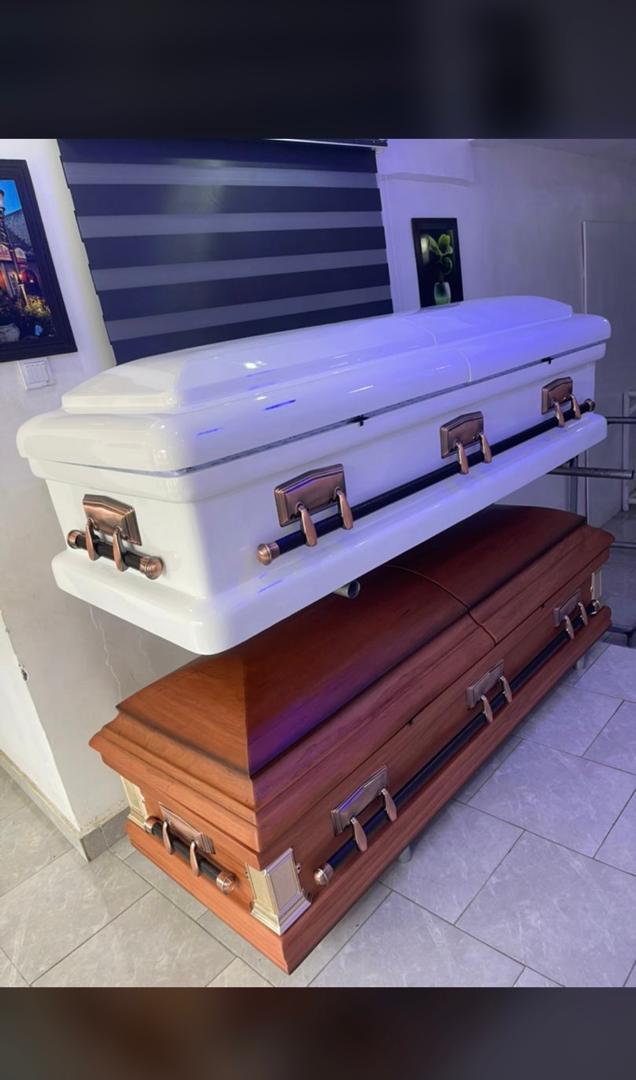 White Gloss & Cherry Selection — Foreign Caskets available at Vanity Funeral Home, Lagos