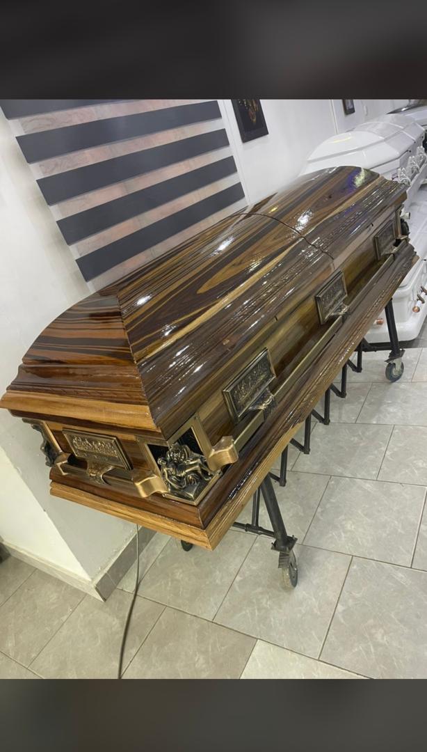 Zebrano Grain Casket — Foreign Caskets available at Vanity Funeral Home, Lagos